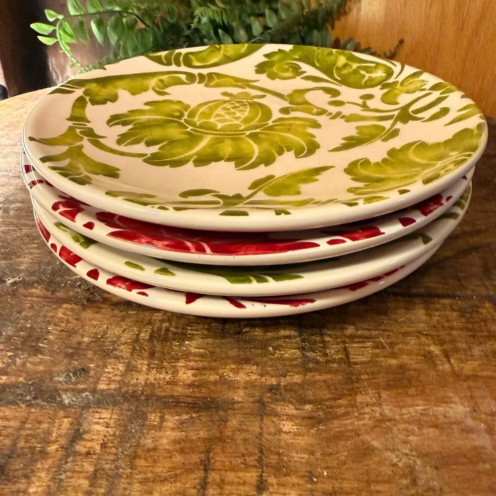 Pier 1 Imports Floral Earthenware Salad Plates Set of 4 Red Green White 7